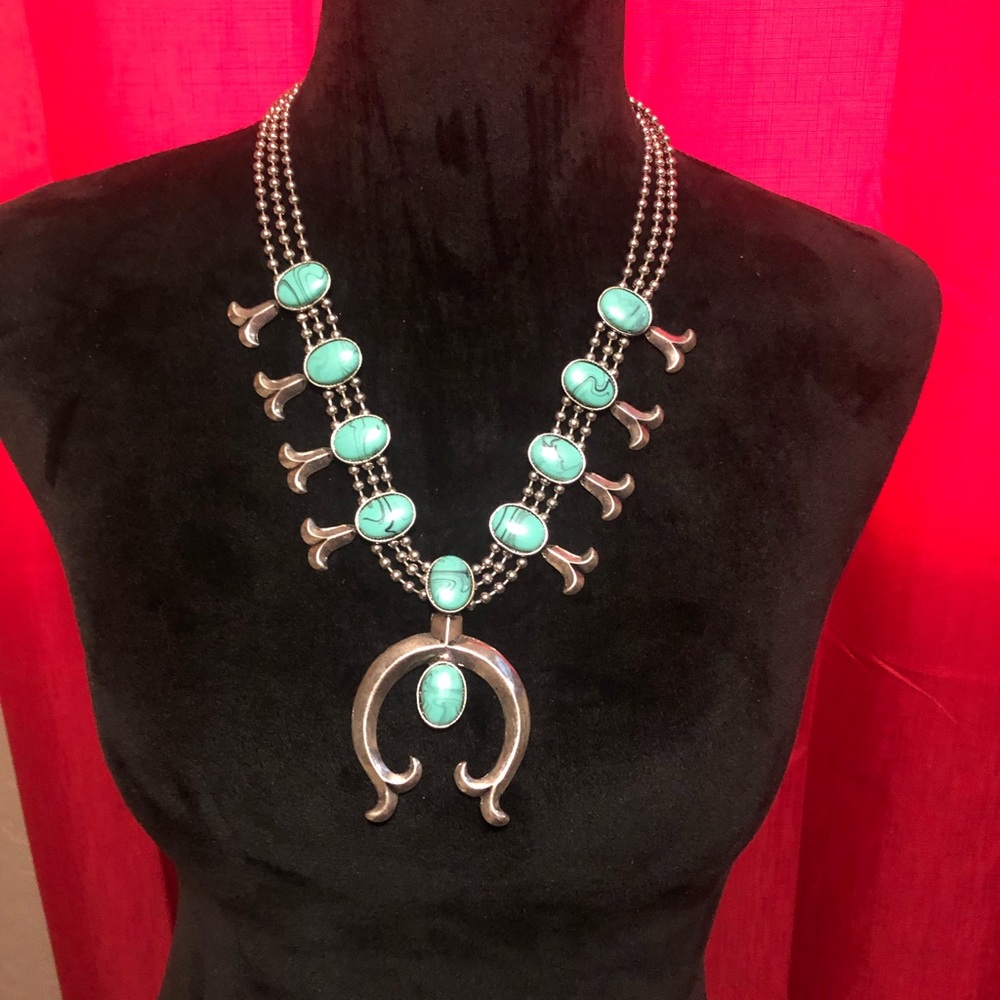 Faux turquoise squash blossom necklace